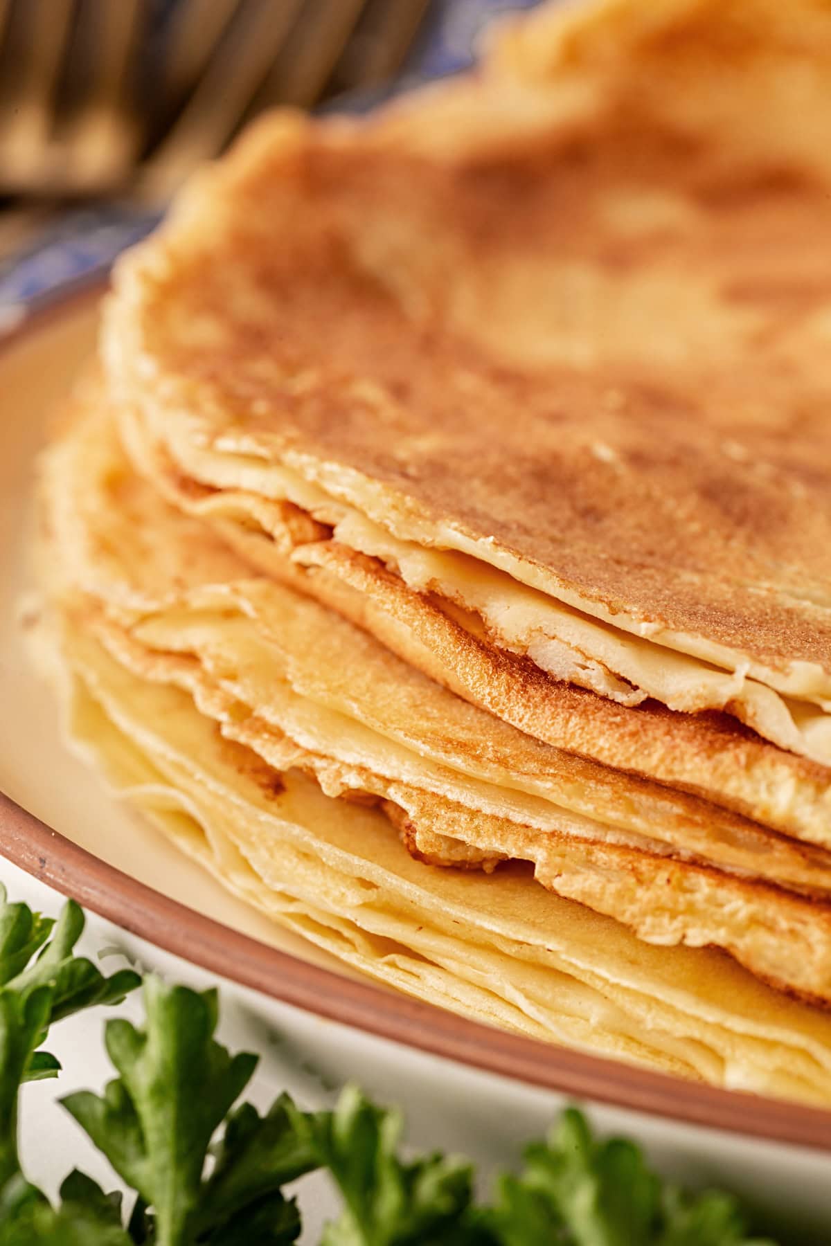 This recipe for Crepes Lorraine is a time-honored treasure that I have been making for over 40 years. Friends and family love this recipe, and I am thrilled to offer it to you also. Crepes stacked.