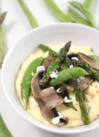 Goat's cheese polenta with asparagus and portobellos.