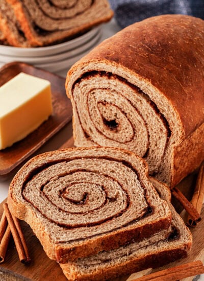 Showing slices of Cinnamon Swirl Bread.