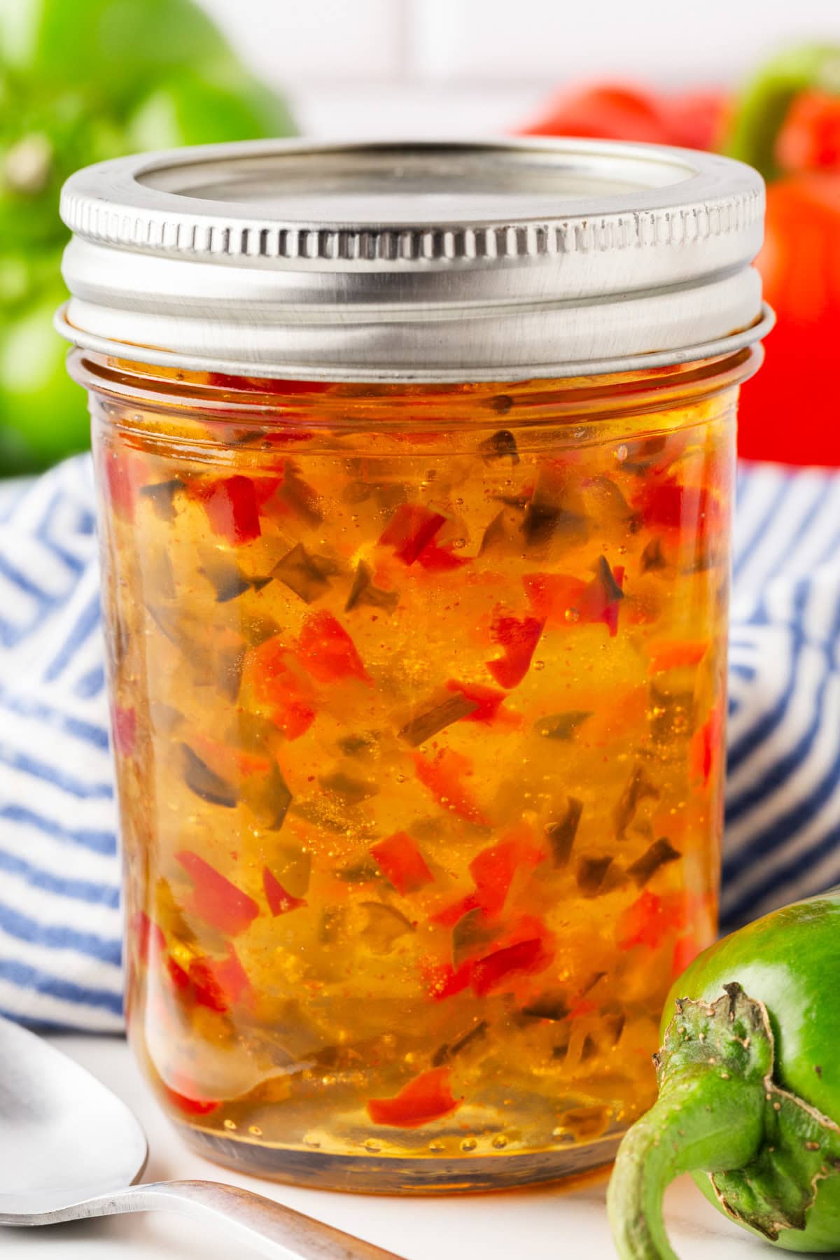 One single Red and Green Pepper Jelly jar. 