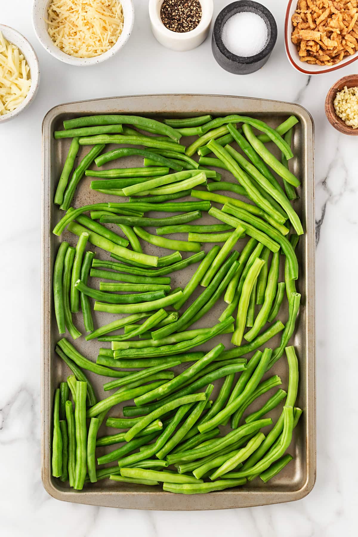 Beans on a baking sheet. 