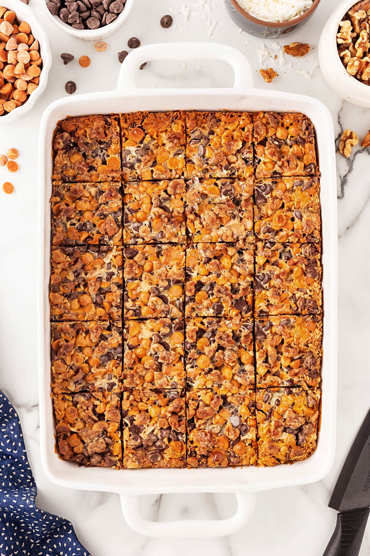 Baked and sliced bars in a pan. 