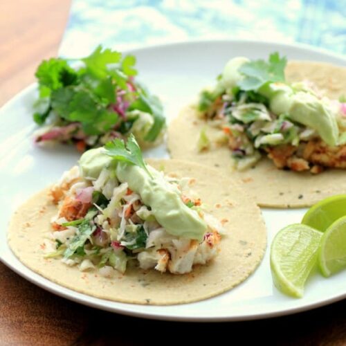 Avocado Cream Slaw Fish Tacos - Noshing With the Nolands