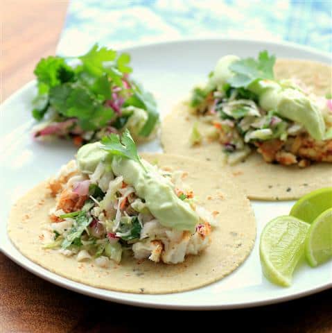 Avocado Cream Slaw Fish Tacos - Noshing With the Nolands