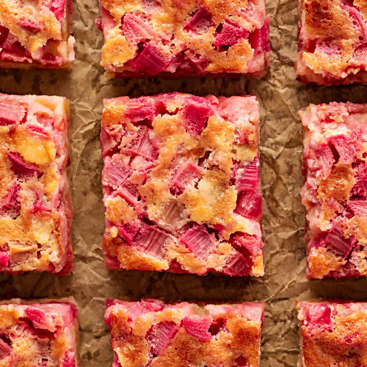 Rhubarb Dream Bars are the perfect rhubarb lover's treat! They are rich and gooey, tart and sweet and make for an exquisite dessert with little effort. Overhead look of rhubarb squares.
