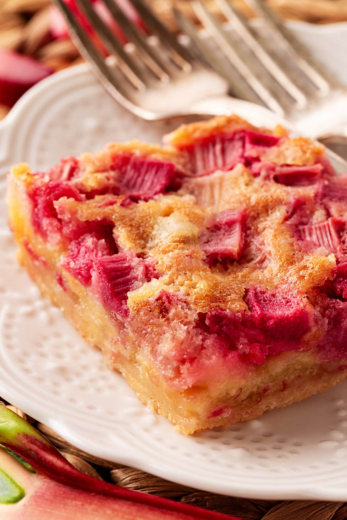 Rhubarb Dream Bars are the perfect rhubarb lover's treat! They are rich and gooey, tart and sweet and make for an exquisite dessert with little effort. On a white plate.