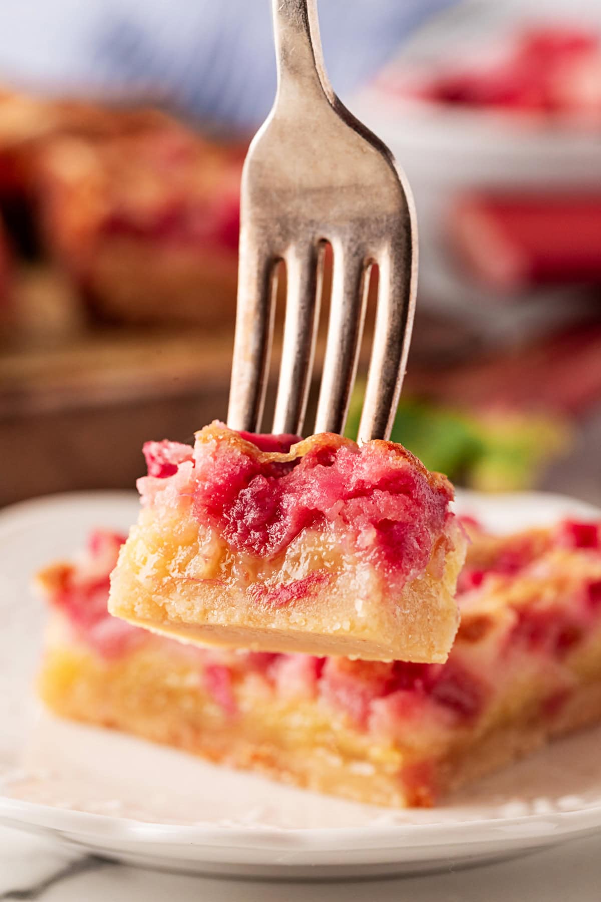 Rhubarb Dream Bars are the perfect rhubarb lover's treat! They are rich and gooey, tart and sweet and make for an exquisite dessert with little effort. Forkful from a bar.