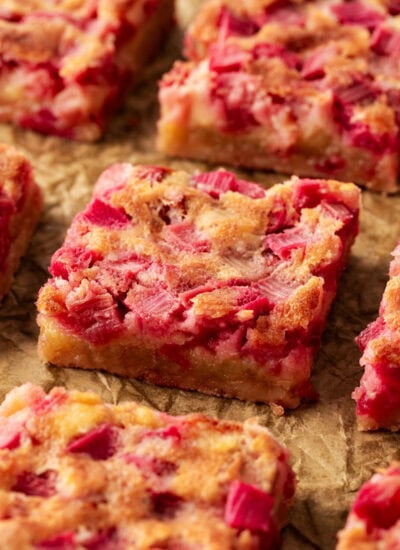Rows of Rhubarb Dream Bars.