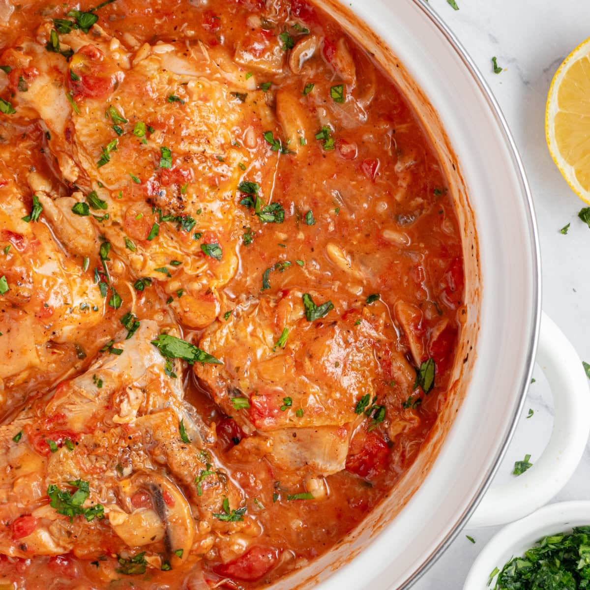 Square photo of Chicken Marengo in a pot taken from overhead. 