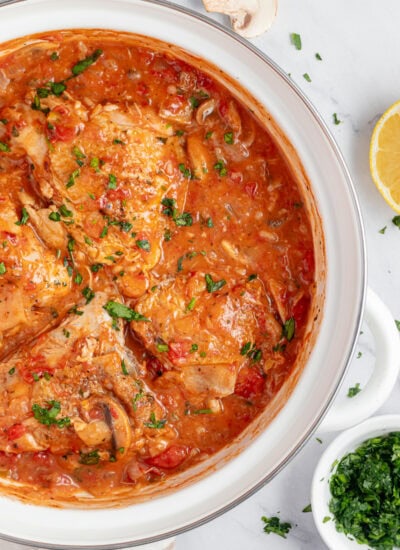 Overhead of Chicken Marengo in a pot.