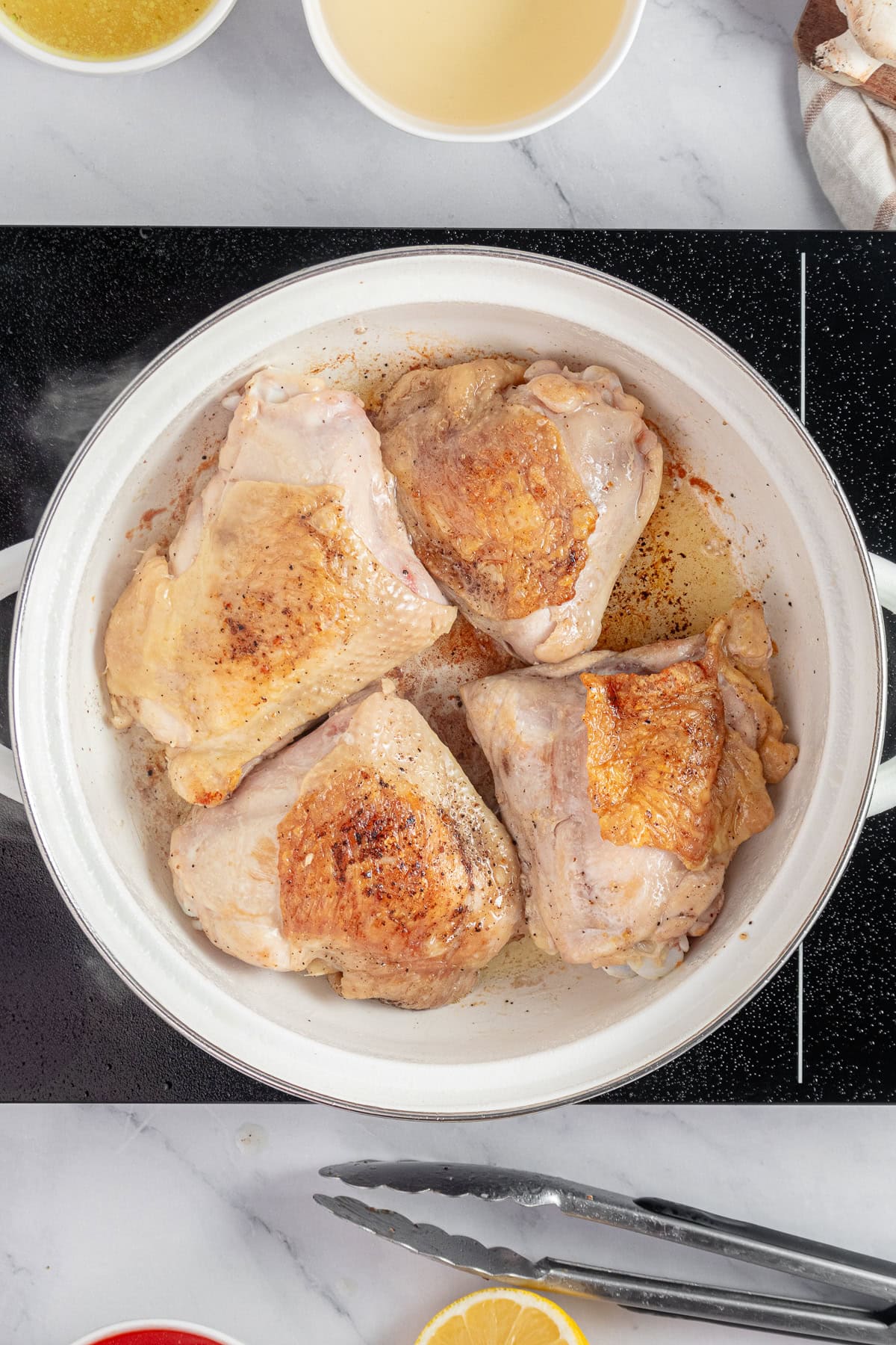 Seared chicken thighs.