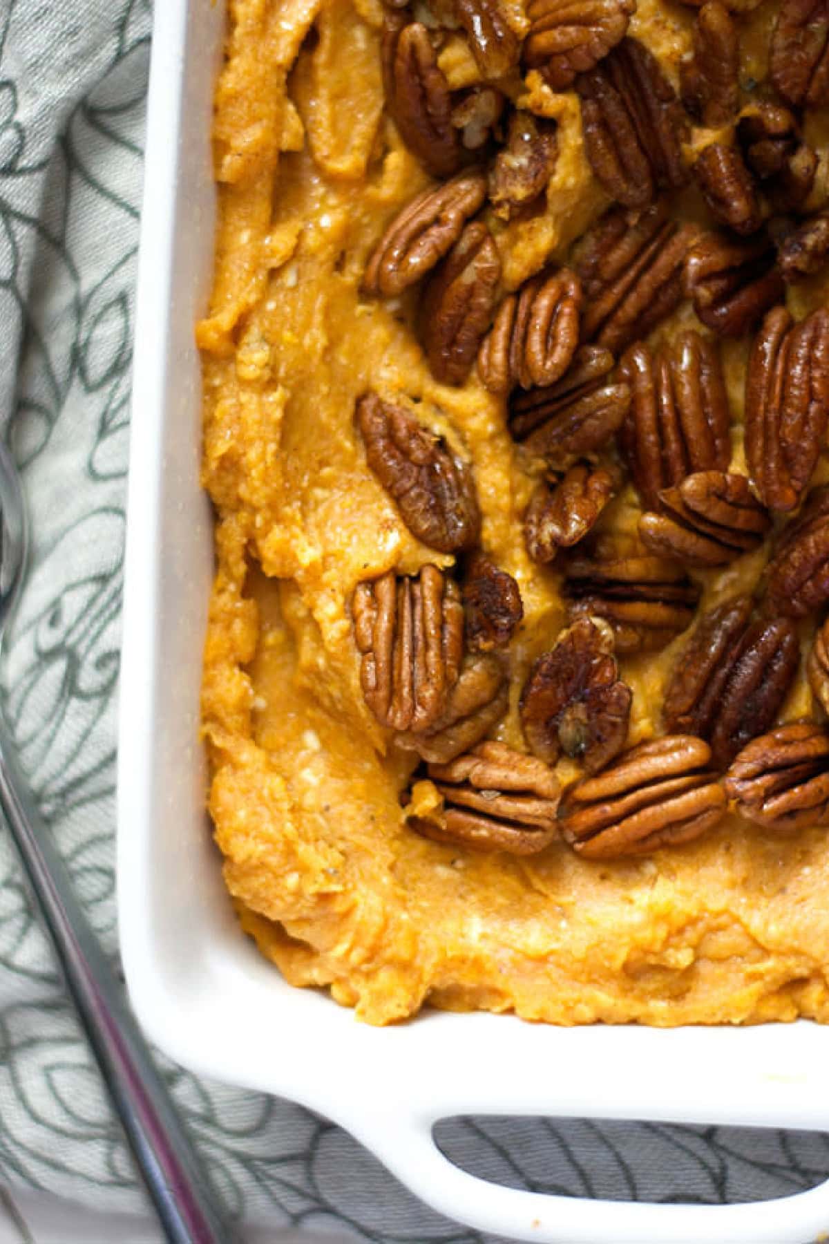 Smoked Gouda and Sweet Potato Casserole with Spiced Pecans on top. 