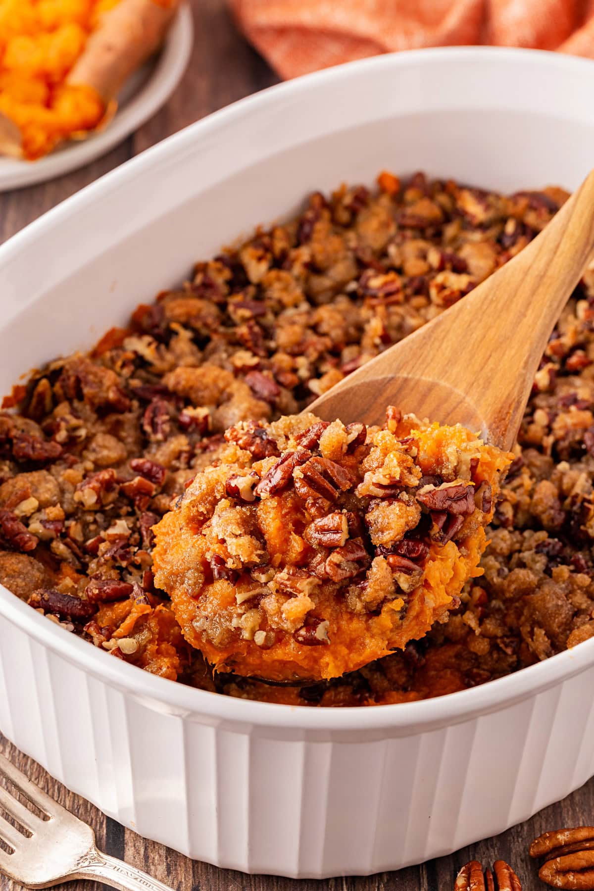 Taking a spoonful of Ruth's Chris Sweet Potato Casserole. 