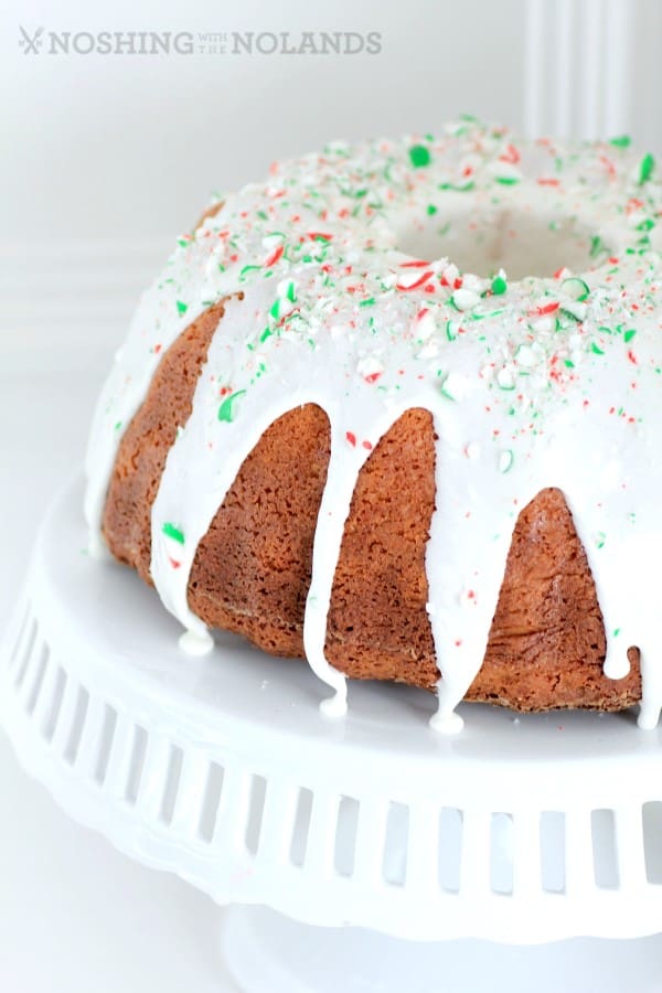 White Hot Chocolate Peppermint Bundt on a white cake stand