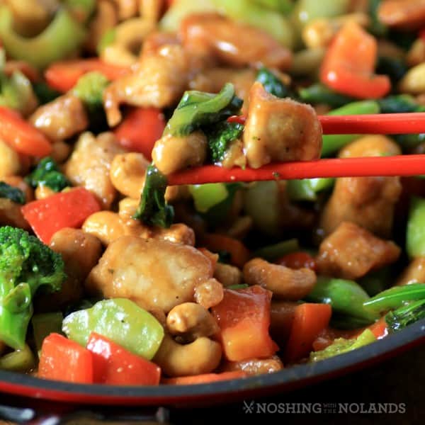 Asian Skillet Stir Fry in the skillet with chop sticks