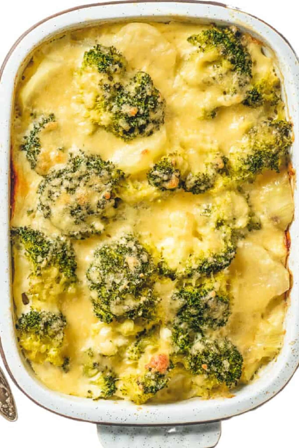 Overhead shot of Broccoli Cauliflower Casserole hot out of the oven. 