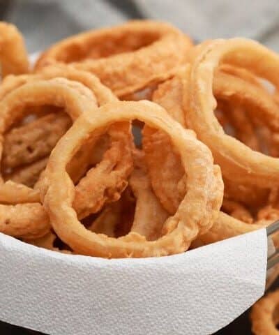 Beer Battered Onion Rings in a white bowl
