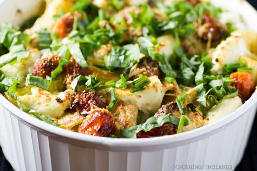 Baked Tortiglione with Three Cheeses, Vine Tomatoes and Herbs 