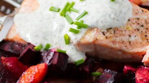 Roasted Salmon and Root Vegetables with Horseradish Sauce