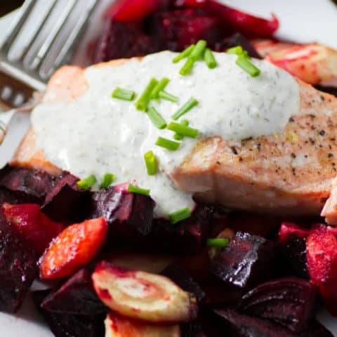 Roasted Salmon and Root Vegetables with Horseradish Sauce