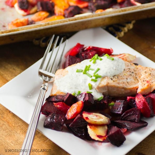 Roasted Salmon and Root Vegetables with Horseradish Sauce