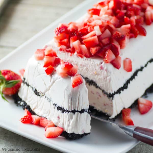 Frozen Strawberry Easy Dessert with on piece sliced