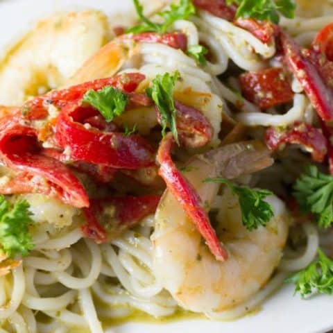 Shrimp and Pesto with Red Peppers