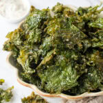 Close-up of kale chips in a bowl.