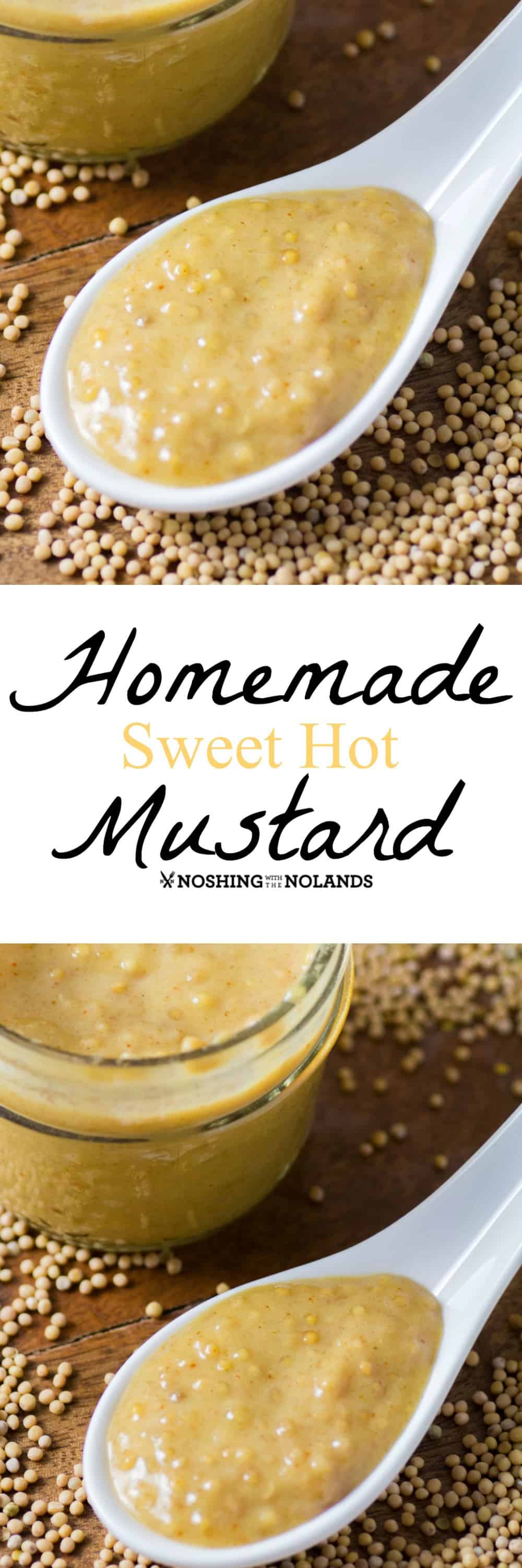 Homemade hot mustard on a large spoon beside a small jar of mustard with mustard seeds on the counter.