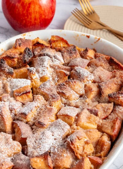 Casserole of Overnight French Toast with apples.