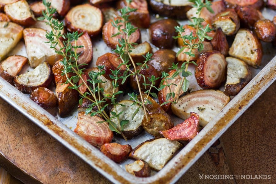 Roasted Chioggia Beets on a baking sheet