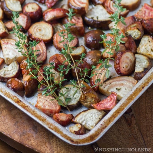 Roasted Chioggia Beets on a baking sheet