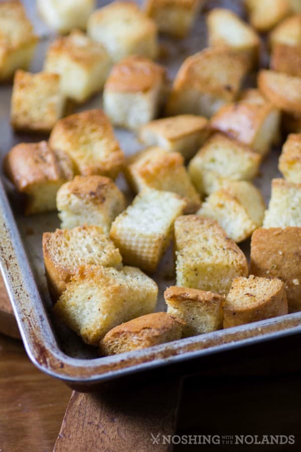 Leftover Bread Croutons on a baking sheet