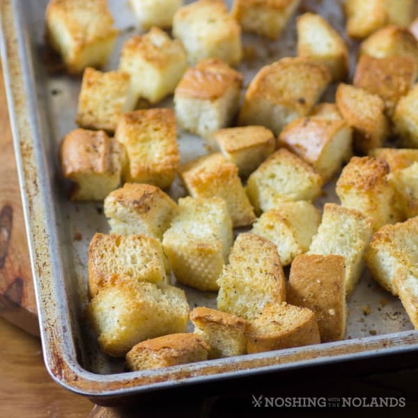 Leftover Bread Croutons on a baking sheet