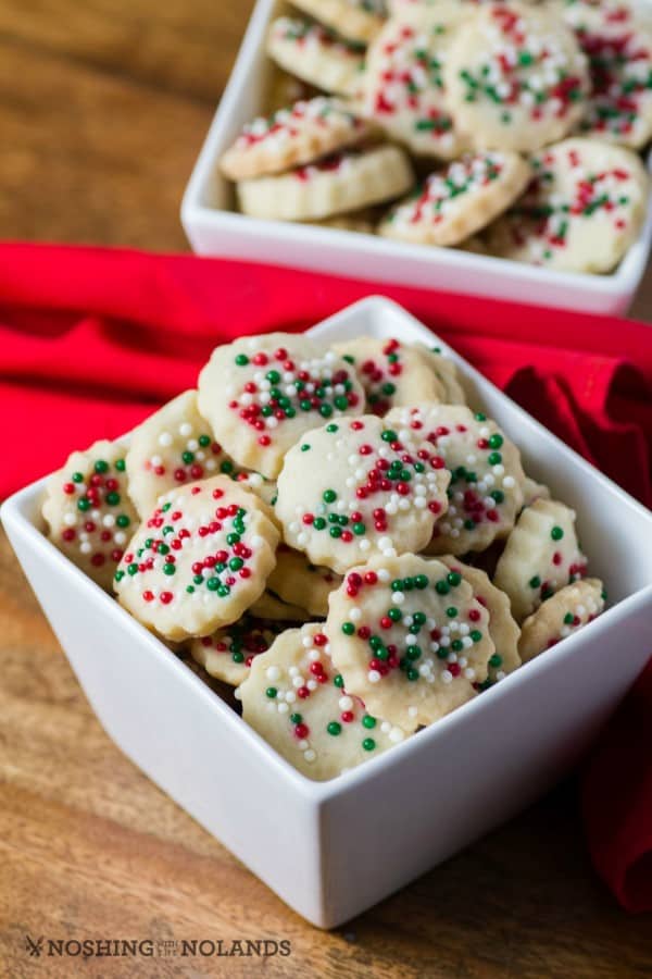 Festive Shortbread Bites in a white bowl 