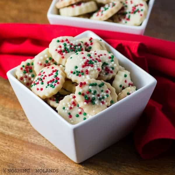 Festive Shortbread Bites in a white bowl