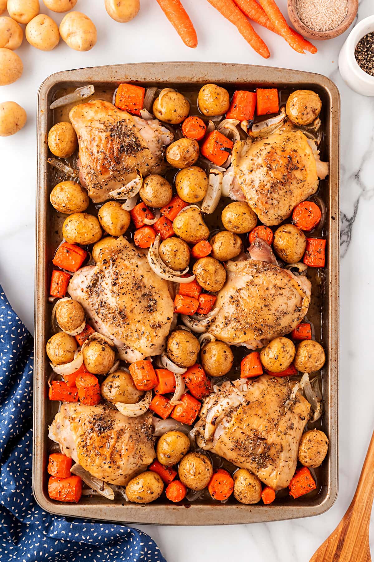 Finished meal on a sheet pan. 