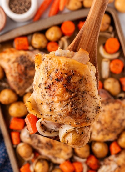 Overhead of a spatula with chicken thigh.