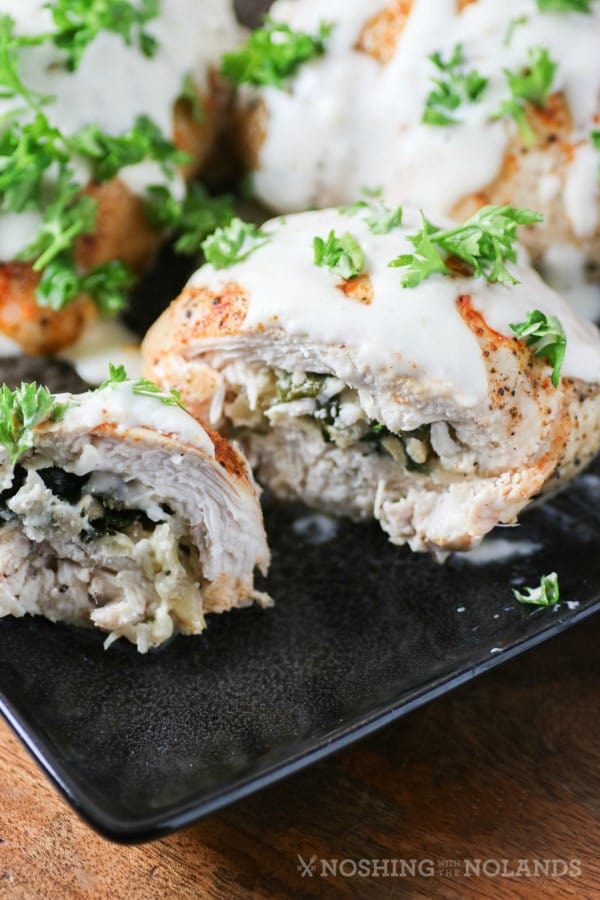 Mushroom, Spinach, Feta-Stuffed Chicken with Parmesan Cream Sauce