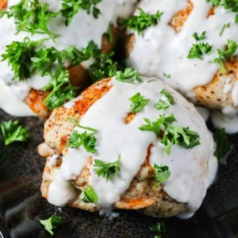 Mushroom, Spinach, Feta-Stuffed Chicken with Parmesan Cream Sauce