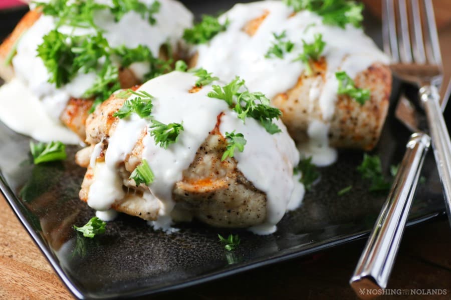 Mushroom, Spinach, Feta-Stuffed Chicken with Parmesan Cream Sauce