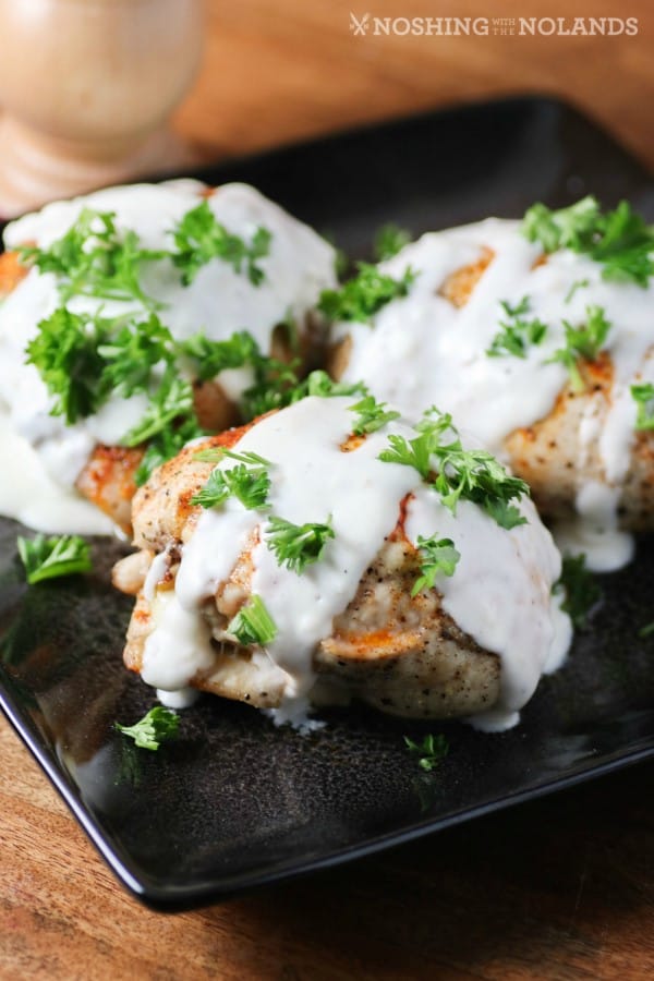 Mushroom, Spinach, Feta-Stuffed Chicken with Parmesan Cream Sauce