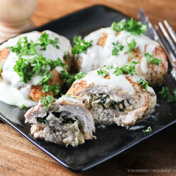 Mushroom, Spinach, Feta-Stuffed Chicken with Parmesan Cream Sauce