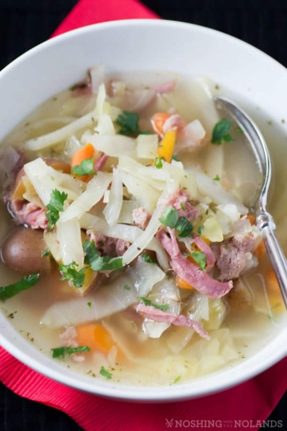 Corned Beef and Cabbage Stew served in a white bowl.