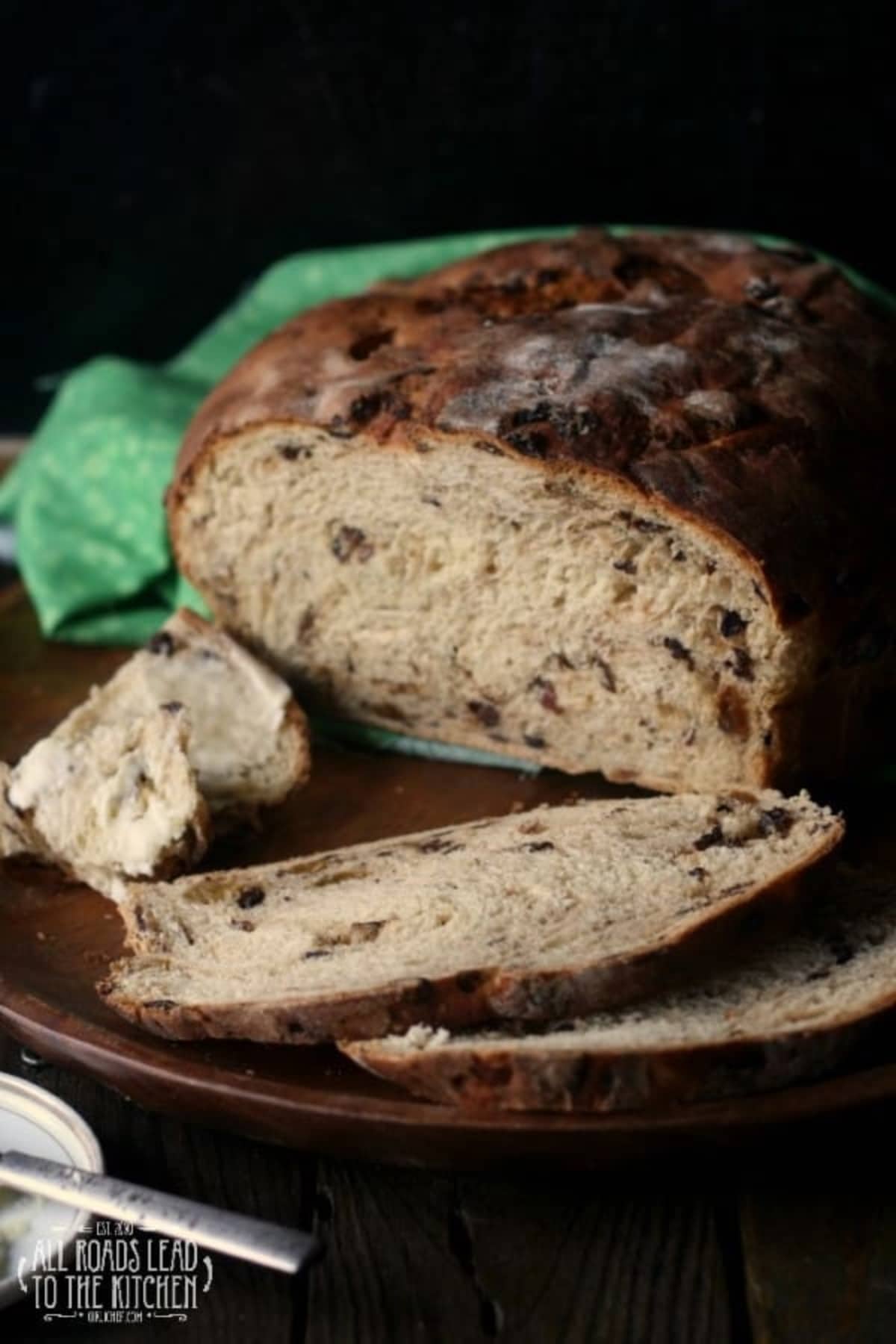 Irish Barmbrack bread sliced and photographed from the side.