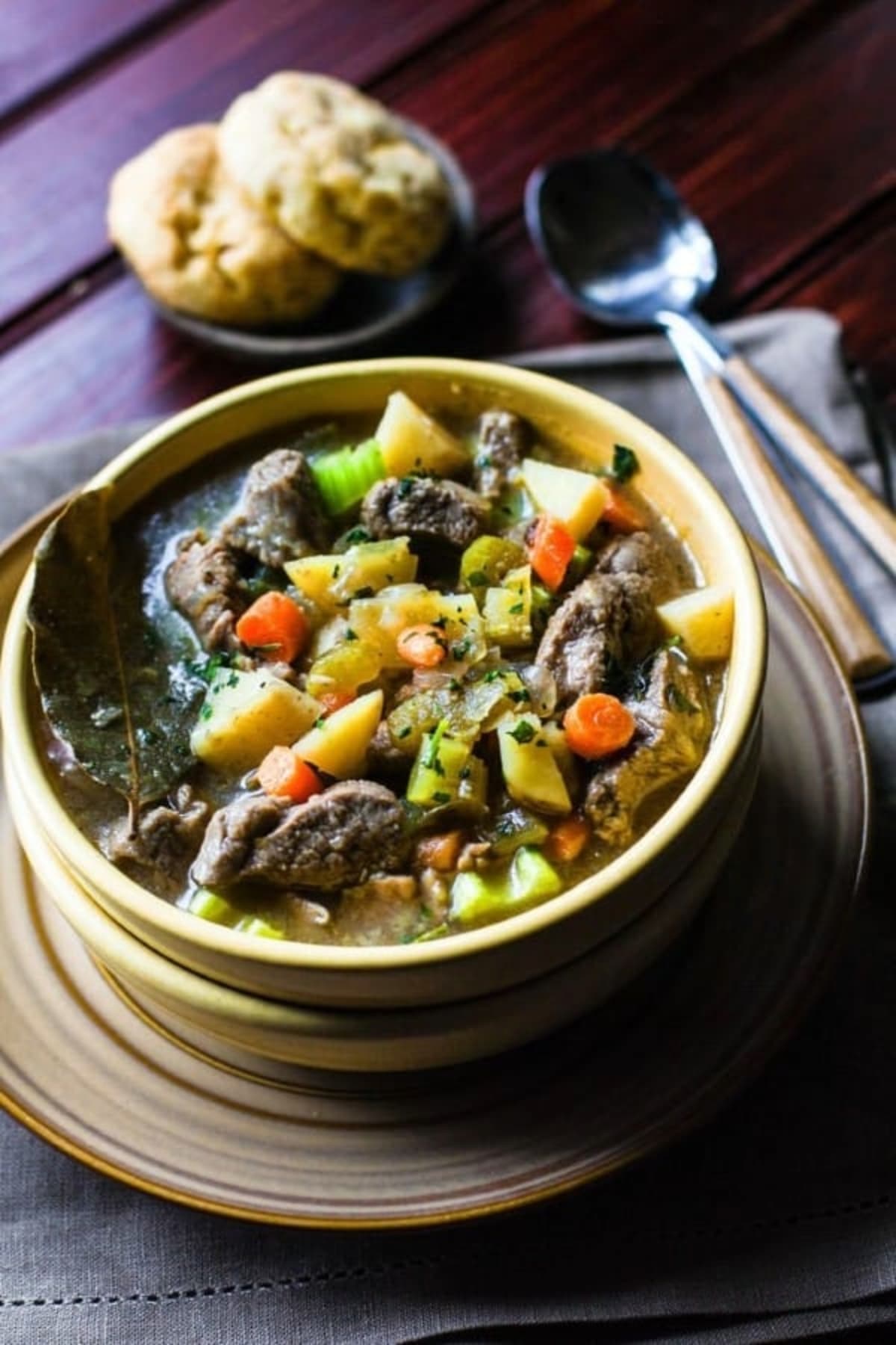 One Pot Bacon Braised Lamb Stew served in a bowl.