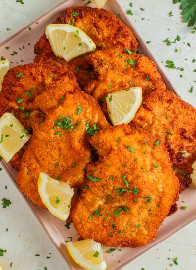 Overhead platter of Pork Schnitzel.