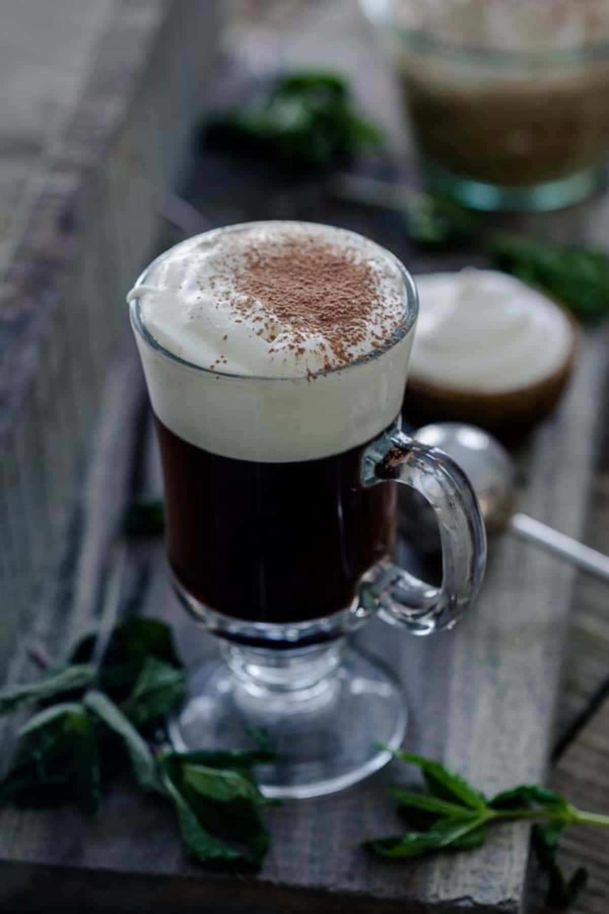 Traditional Irish Coffee in a glass mug.