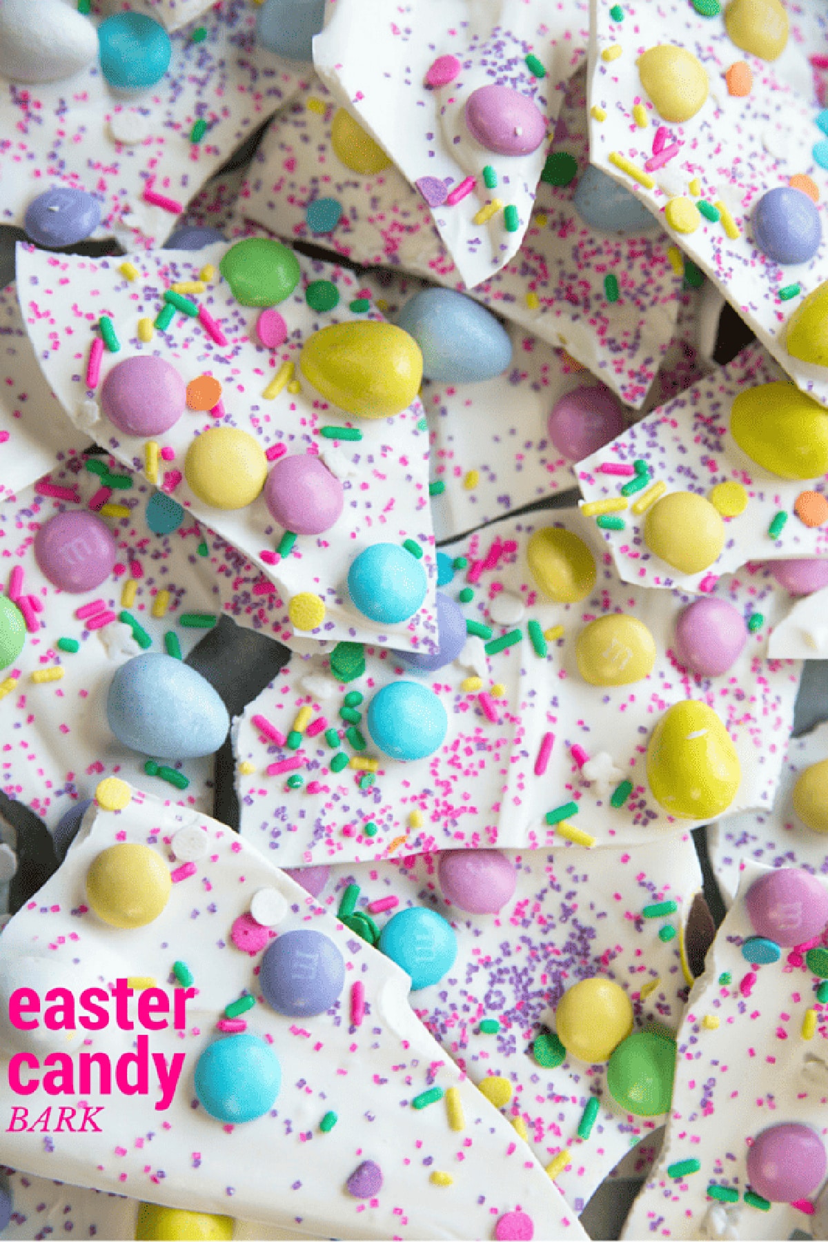 Close up of Easter Candy Bark cut up. 