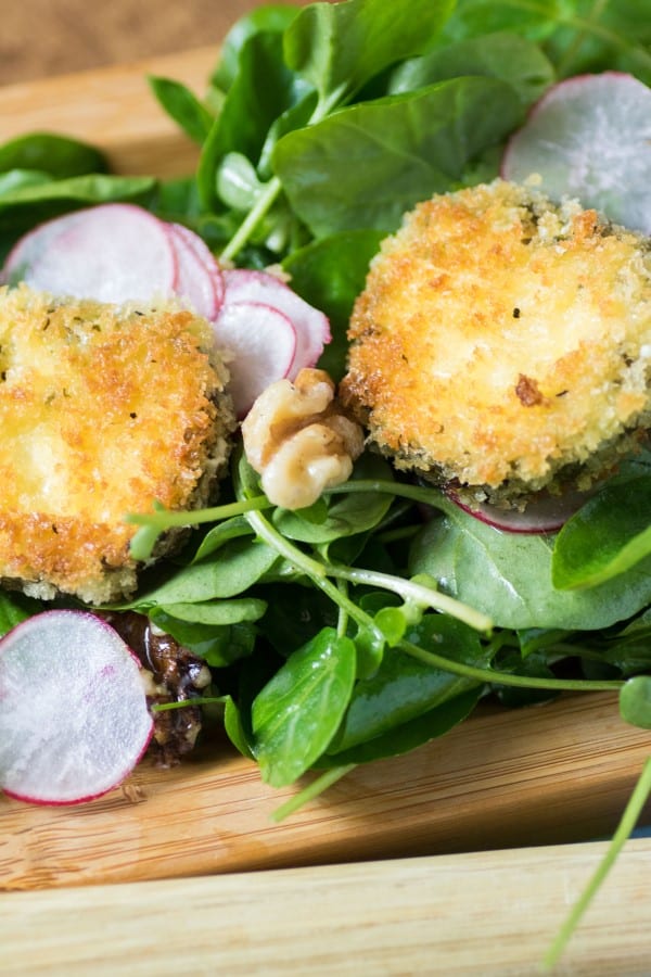 Watercress Radish Walnut Salad with Crispy Herbed Goat Cheese Rounds